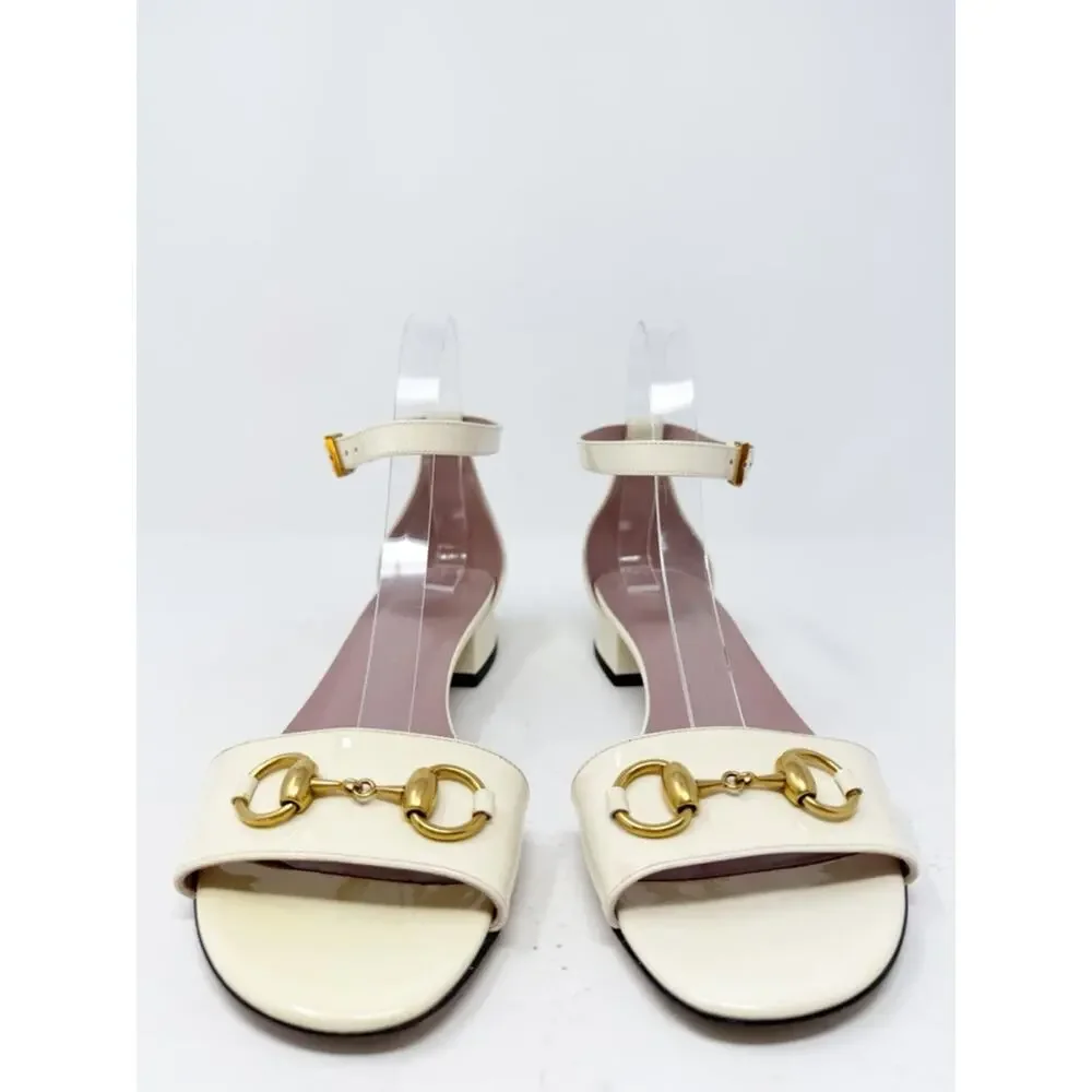Gucci Horsebit Patent Leather Ankle Strap Flat Sandals Womens Size EU 38